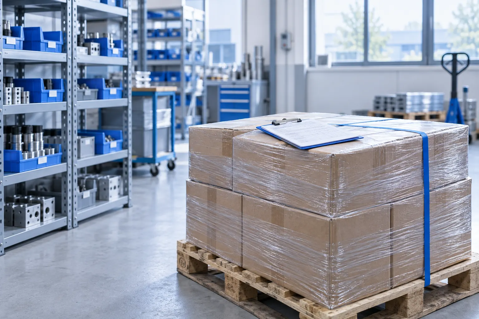 Wareneingang: Auf einer Palette mit Kartons liegt ein Klemmbrett mit Lieferscheinen.