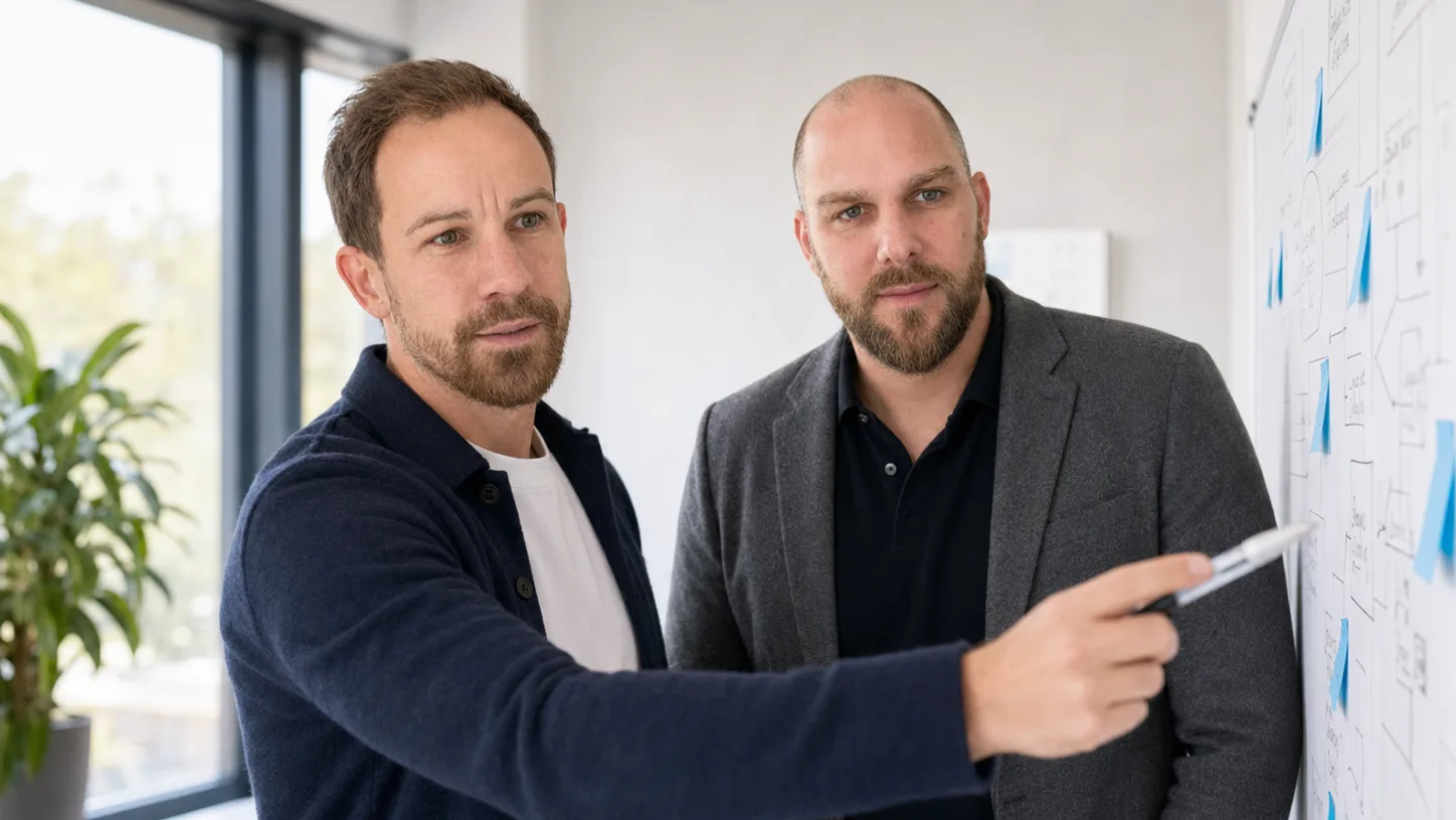 David und Frederic besprechen einen Ablauf an einem Whiteboard