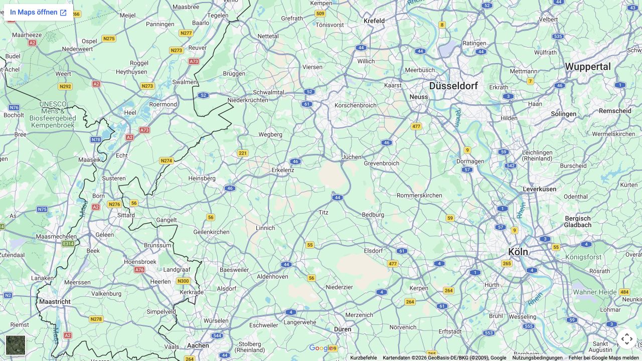 Google-Maps-Kartenausschnitt zwischen Aachen, Niederrhein und Köln. Die angebotenen Städte sind blau markiert.