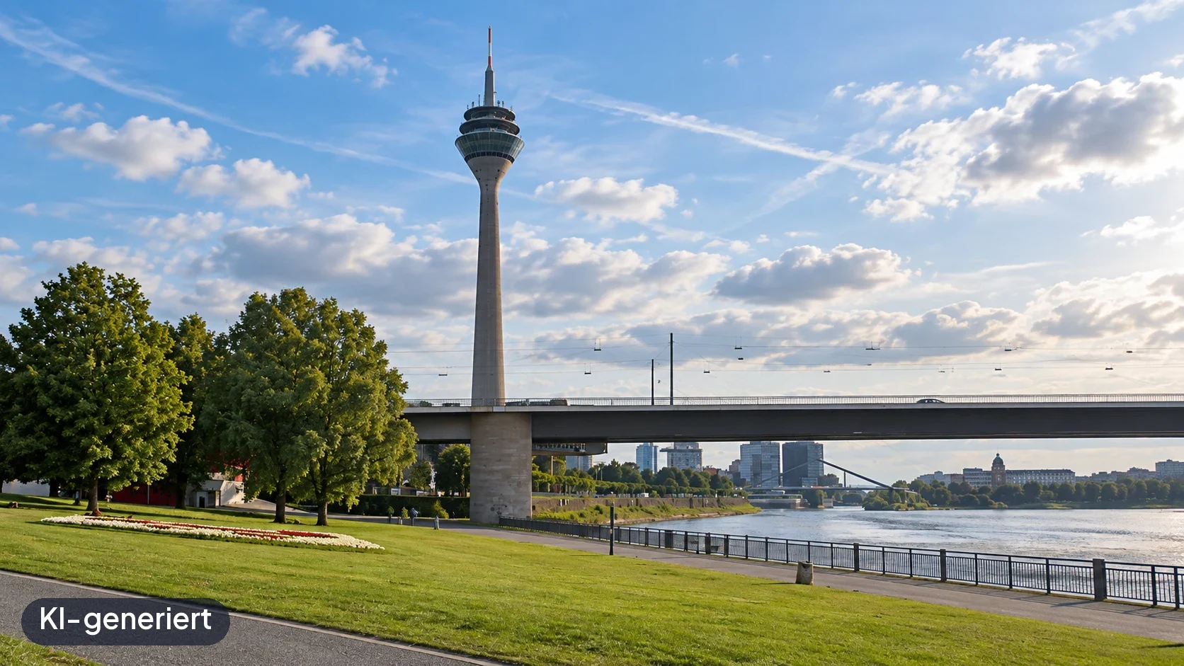 Rheinturm am Rhein in Düsseldorf – KI-generierte Ortsdarstellung.
