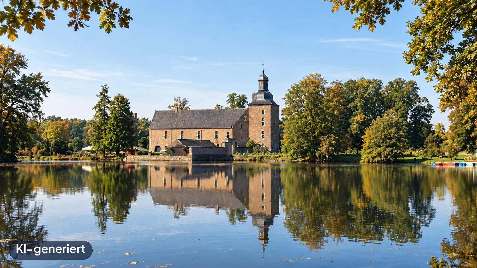 Schloss Tüschenbroich am Weiher in Wegberg – KI-generierte Ortsdarstellung.
