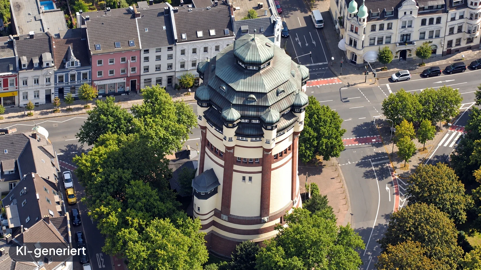 Wasserturm an der Viersener Straße in Mönchengladbach – KI-generierte Ortsdarstellung.