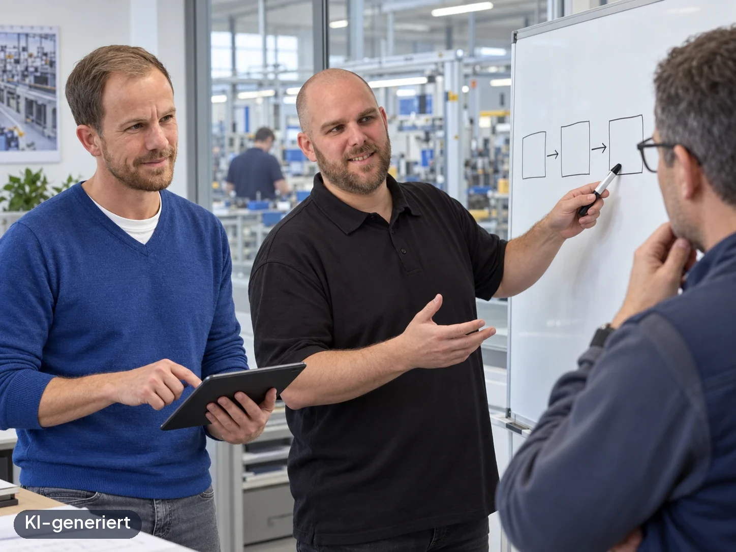 Freddy erläutert eine Übergabe am Whiteboard; David prüft sie am Tablet. KI-generiertes Symbolbild.