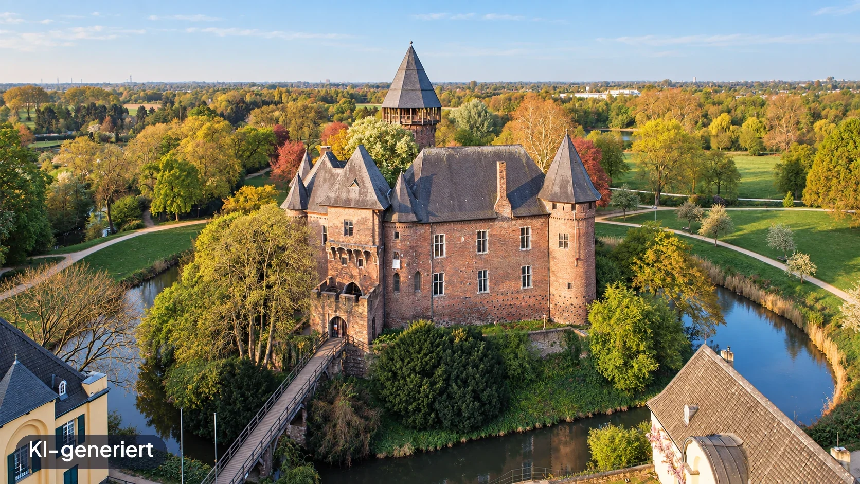 Burg Linn in Krefeld – KI-generierte Ortsdarstellung.
